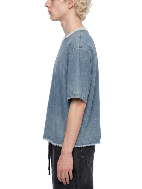 Unisex Vintage Wash Boxy Raw Hem Denim T-Shirt