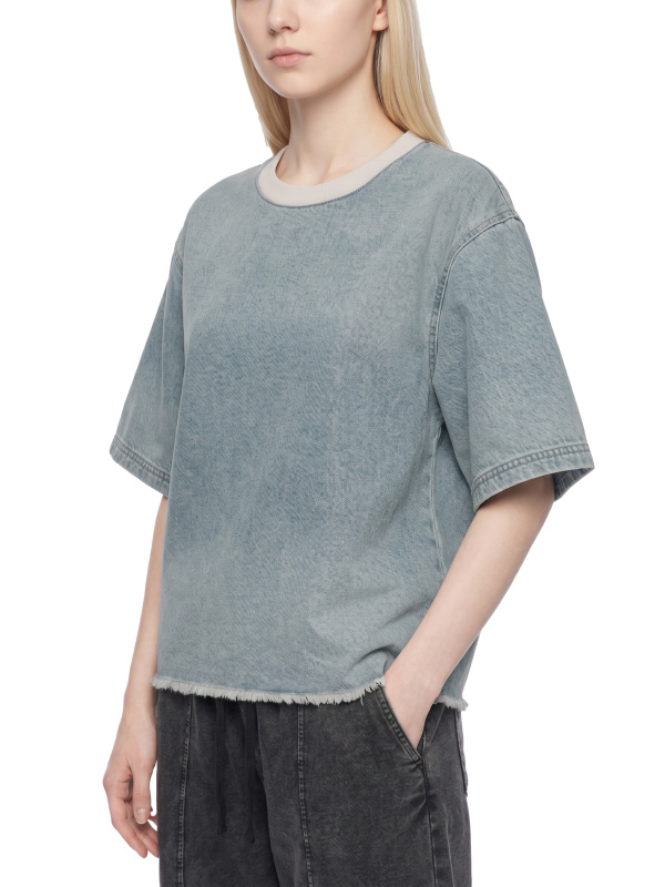 Unisex Vintage Wash Boxy Raw Hem Denim T-Shirt