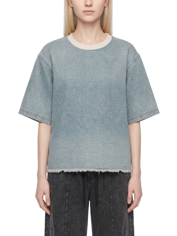 Unisex Vintage Wash Boxy Raw Hem Denim T-Shirt