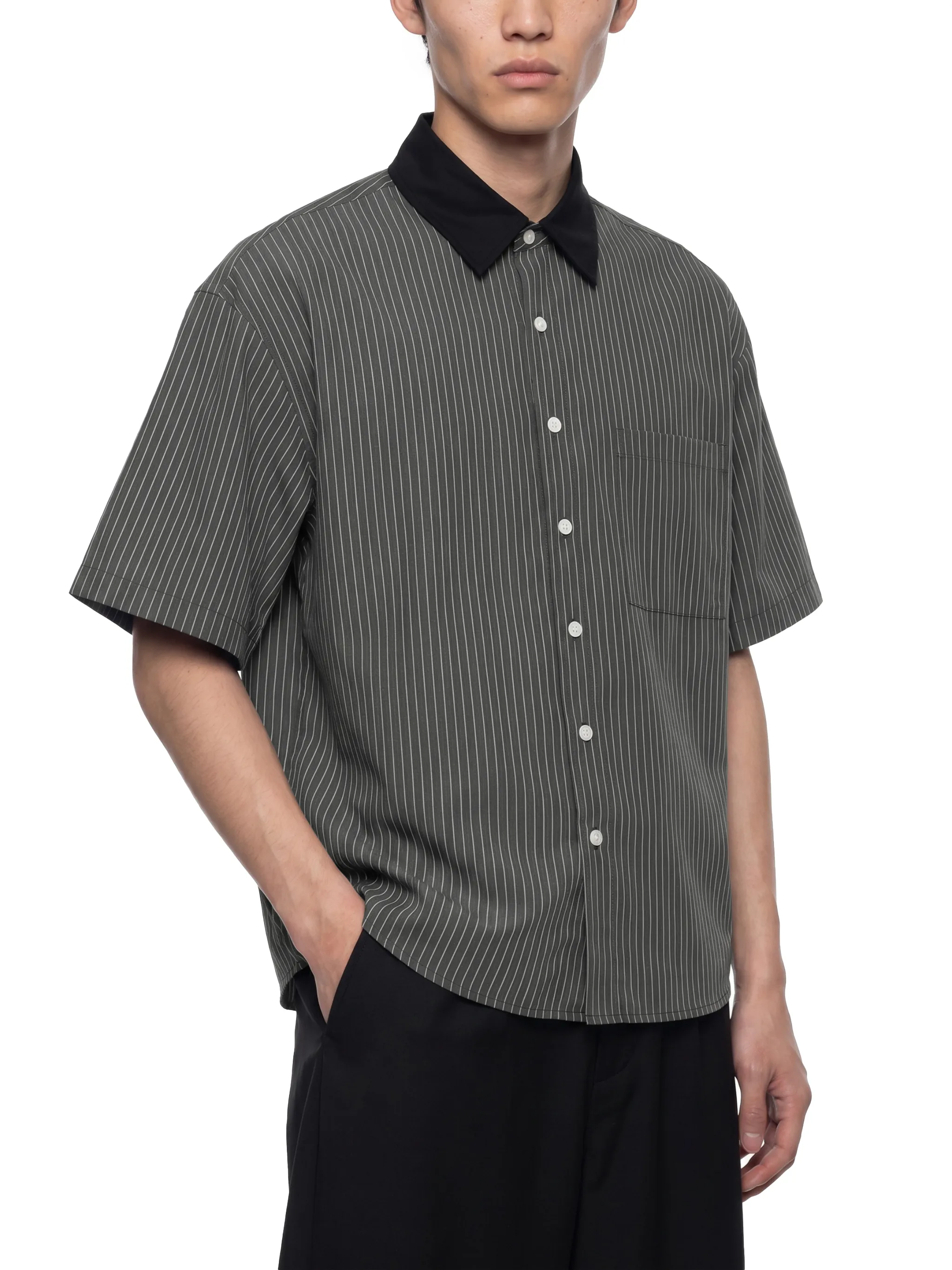 Unisex Striped Boxy Contrast Collar Shirt