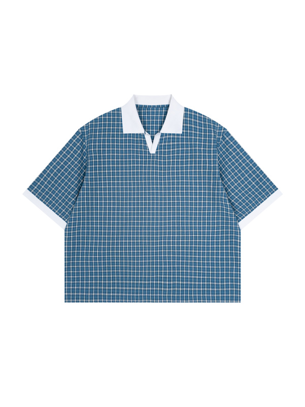 Unisex Boxy Plaid Color Block Polo Shirt
