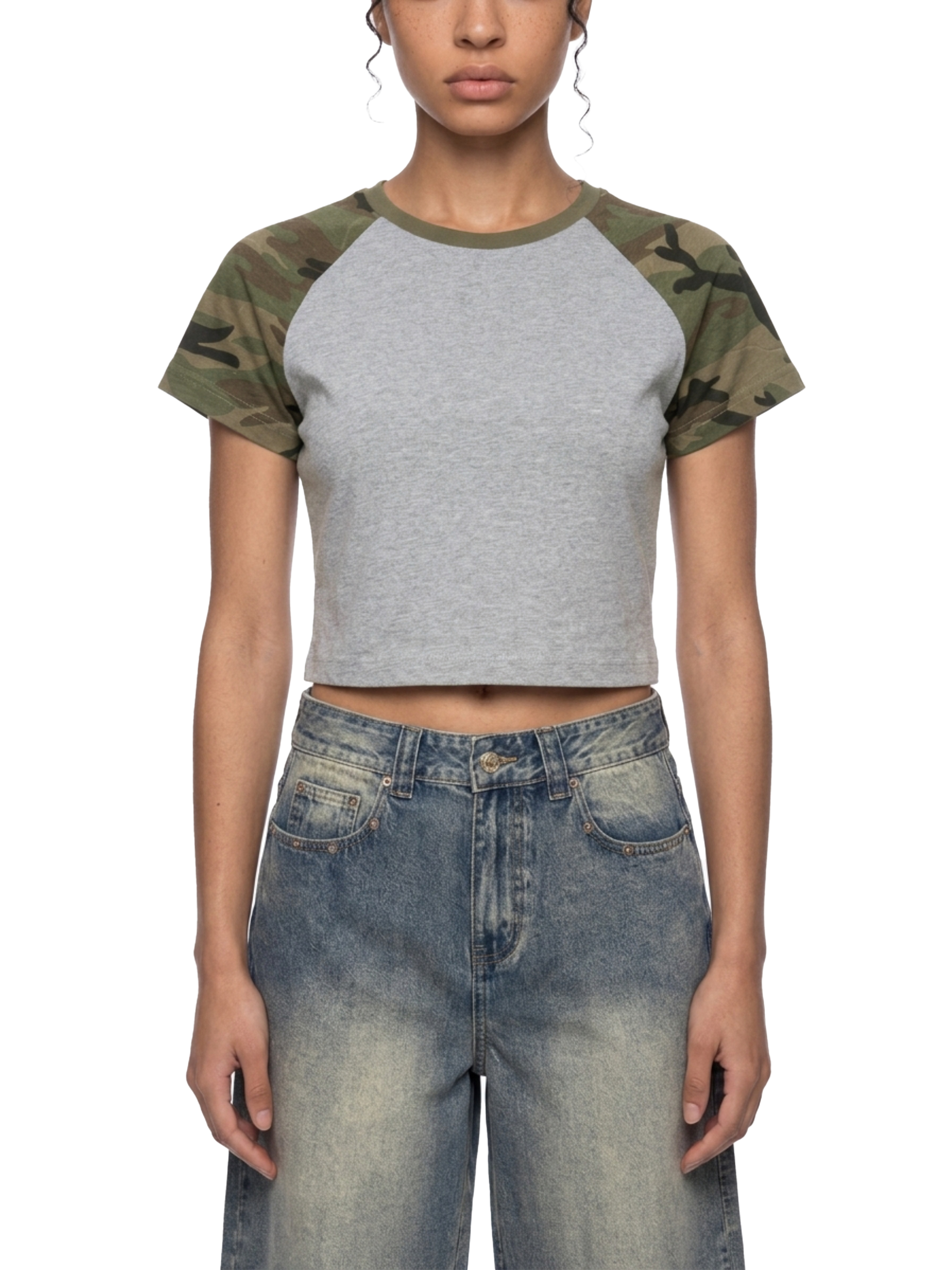 トップス 00s  camo raglan T-shirt y2k Women's Camo Raglan Crop T-Shirt #WT0140 | TAPSTITCH