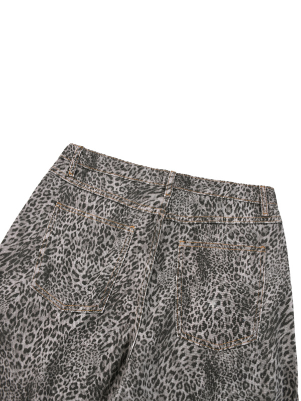 Unisex Vintage Wash Leopard Wide Leg Jeans