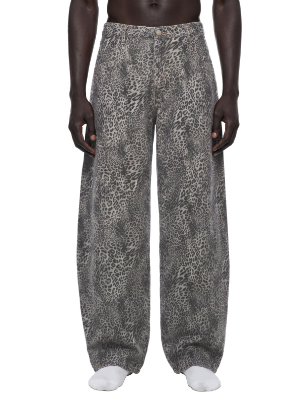 Unisex Vintage Wash Leopard Wide Leg Jeans