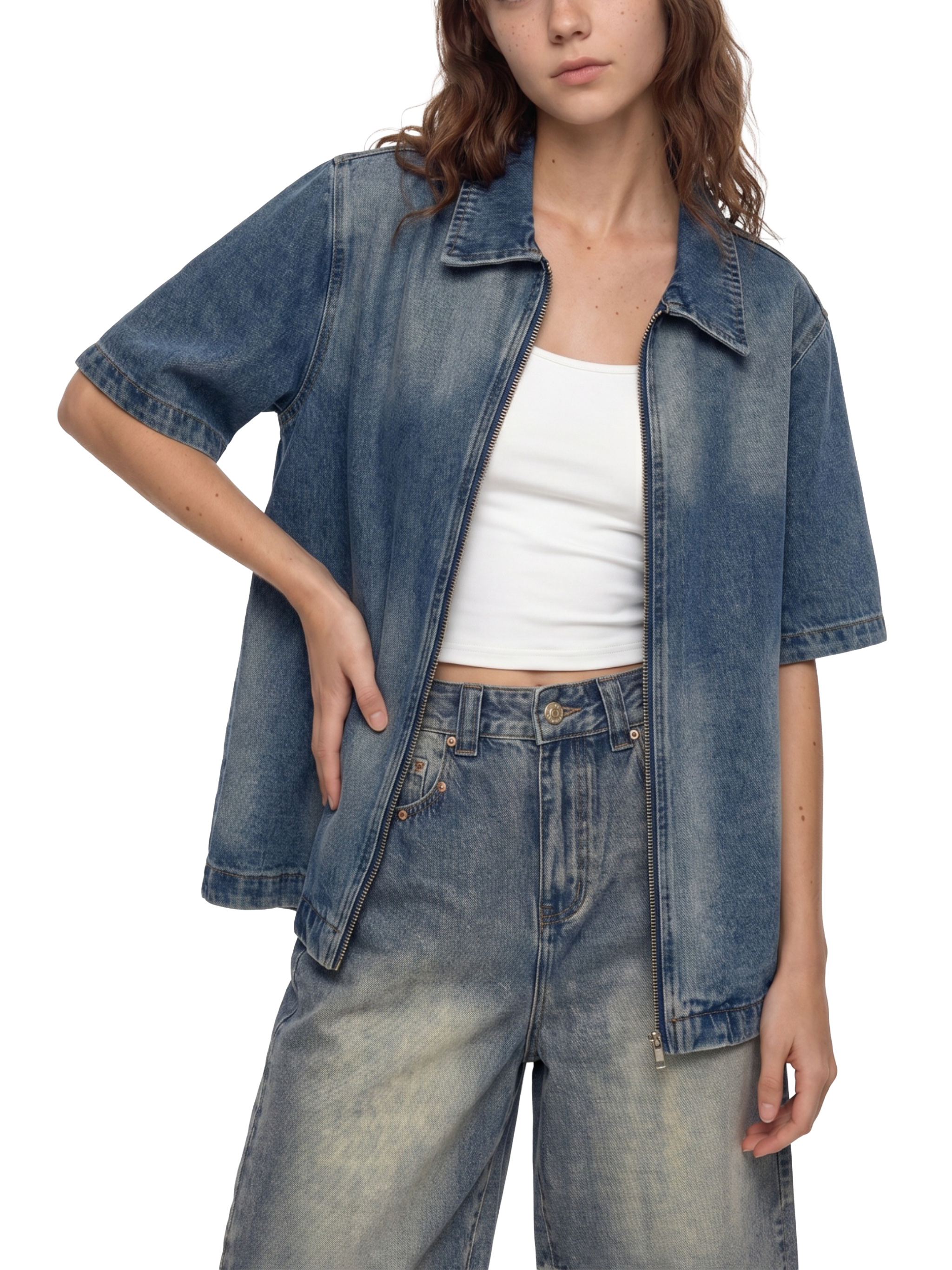 トップス DanSmith1piu1uguale3 CLASSIC B SH VI Unisex Vintage Washed Full-Zip Denim Shirt #UT0141 | TAPSTITCH
