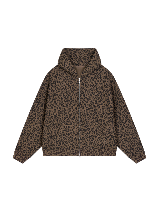 Unisex Leopard Print Waffle Full Zip Hoodie