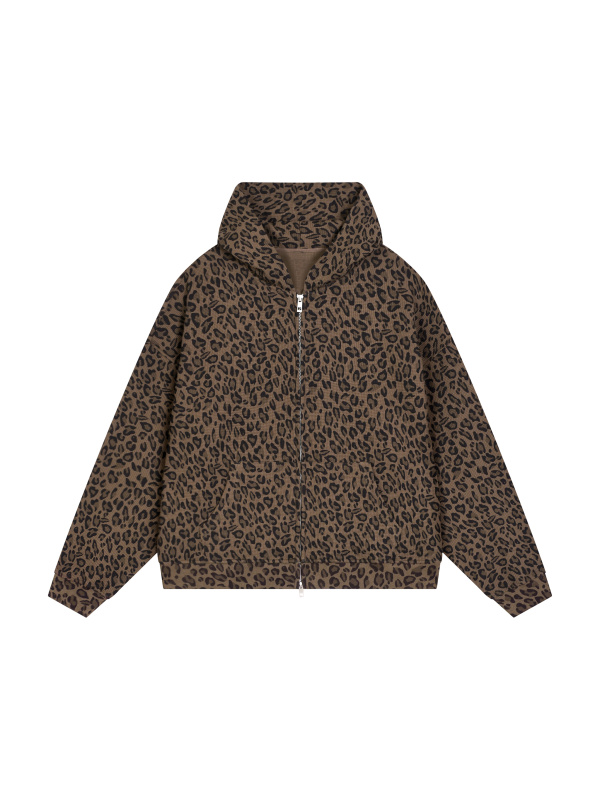 Unisex Leopard Print Waffle Full Zip Hoodie