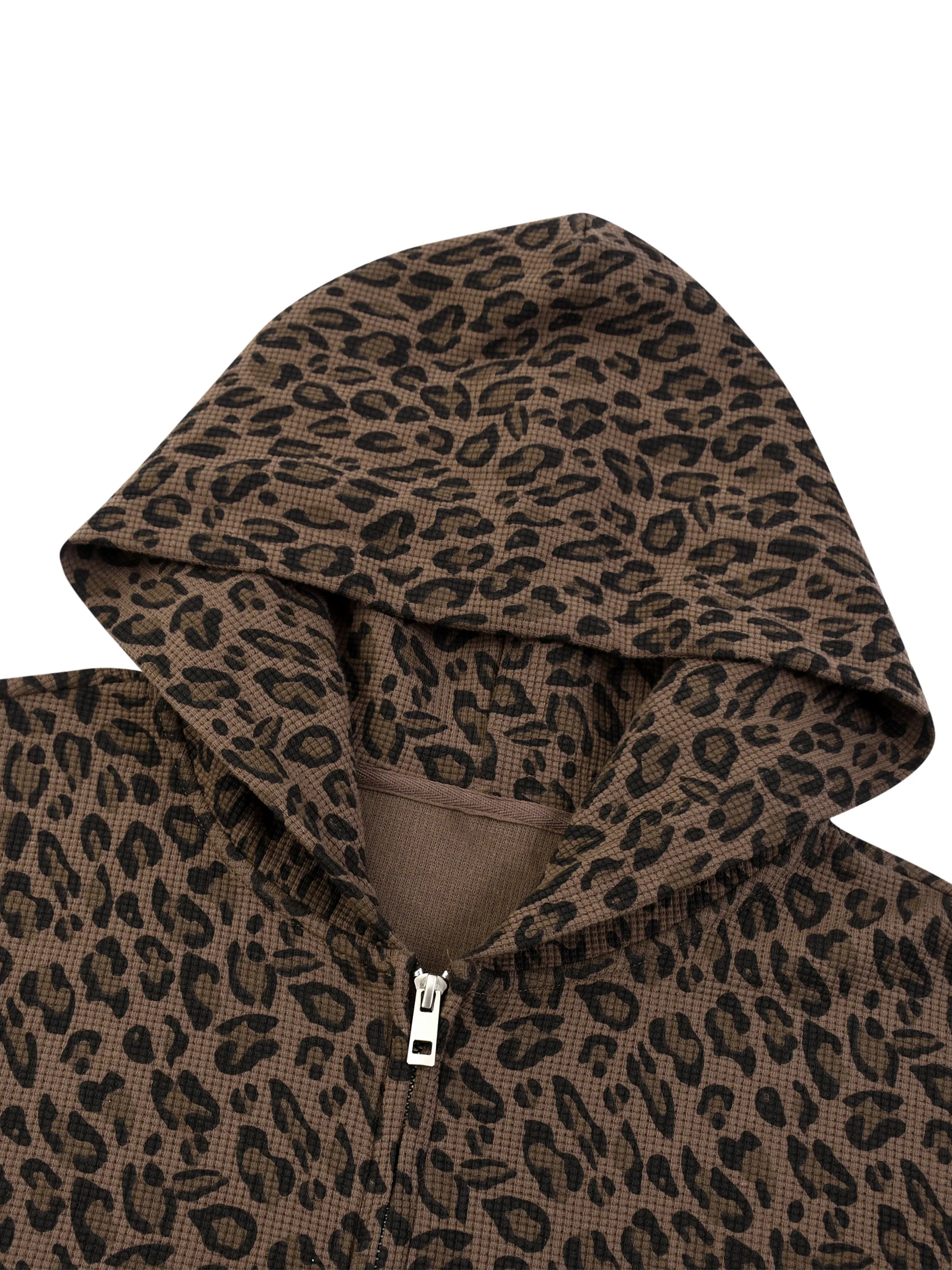 Unisex Leopard Print Waffle Full Zip Hoodie