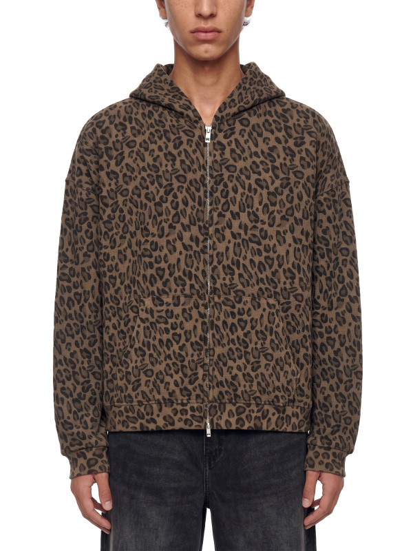 Unisex Leopard Print Waffle Full Zip Hoodie