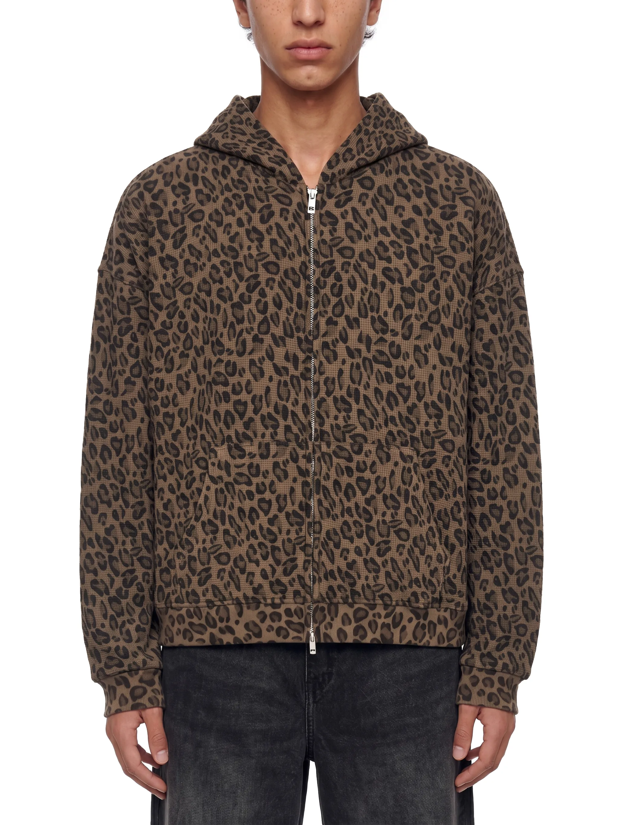 Unisex Leopard Print Waffle Full Zip Hoodie