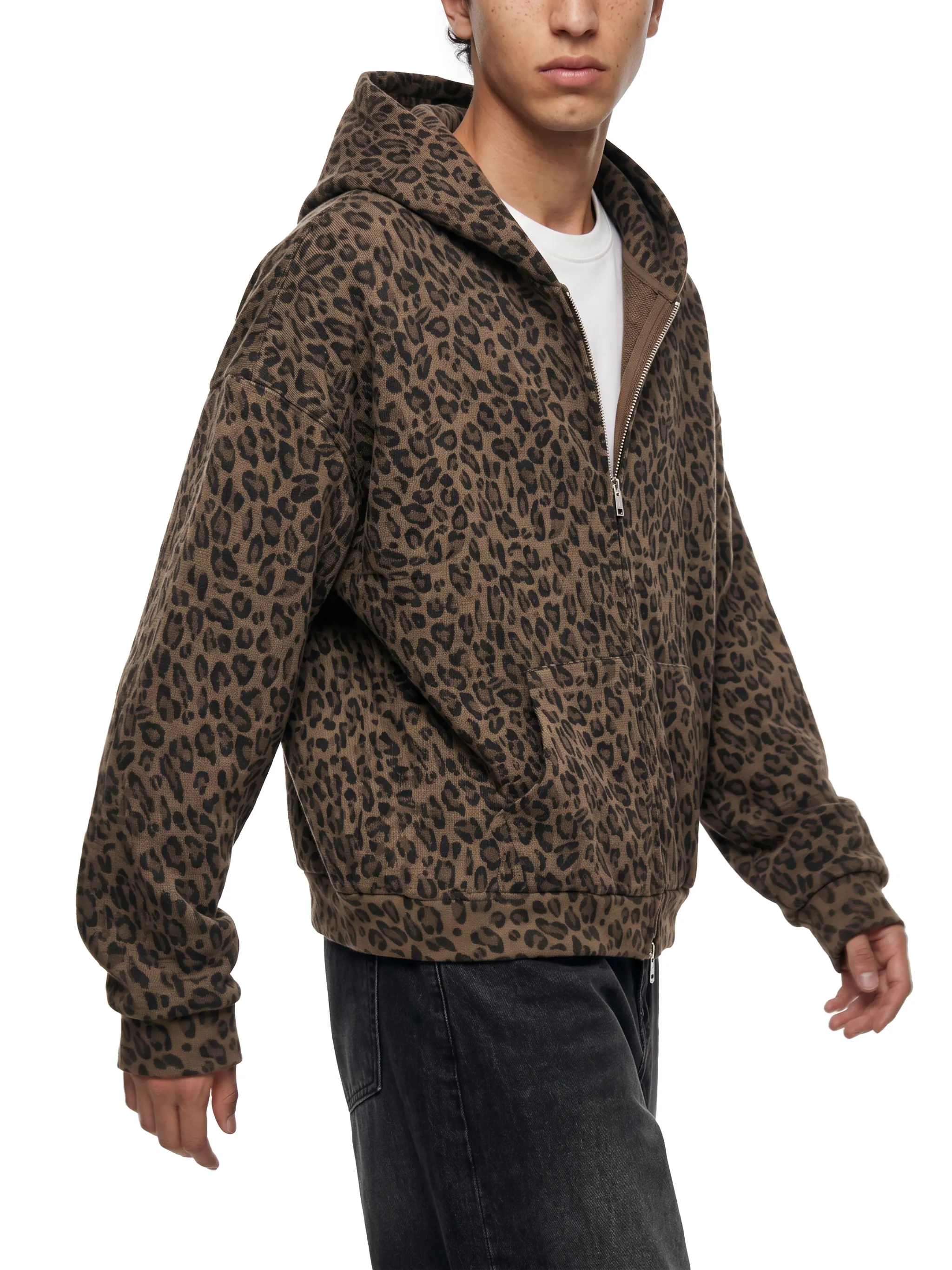 Unisex Leopard Print Waffle Full Zip Hoodie