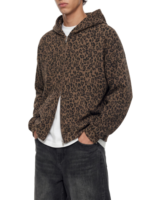 Unisex Leopard Print Waffle Full Zip Hoodie