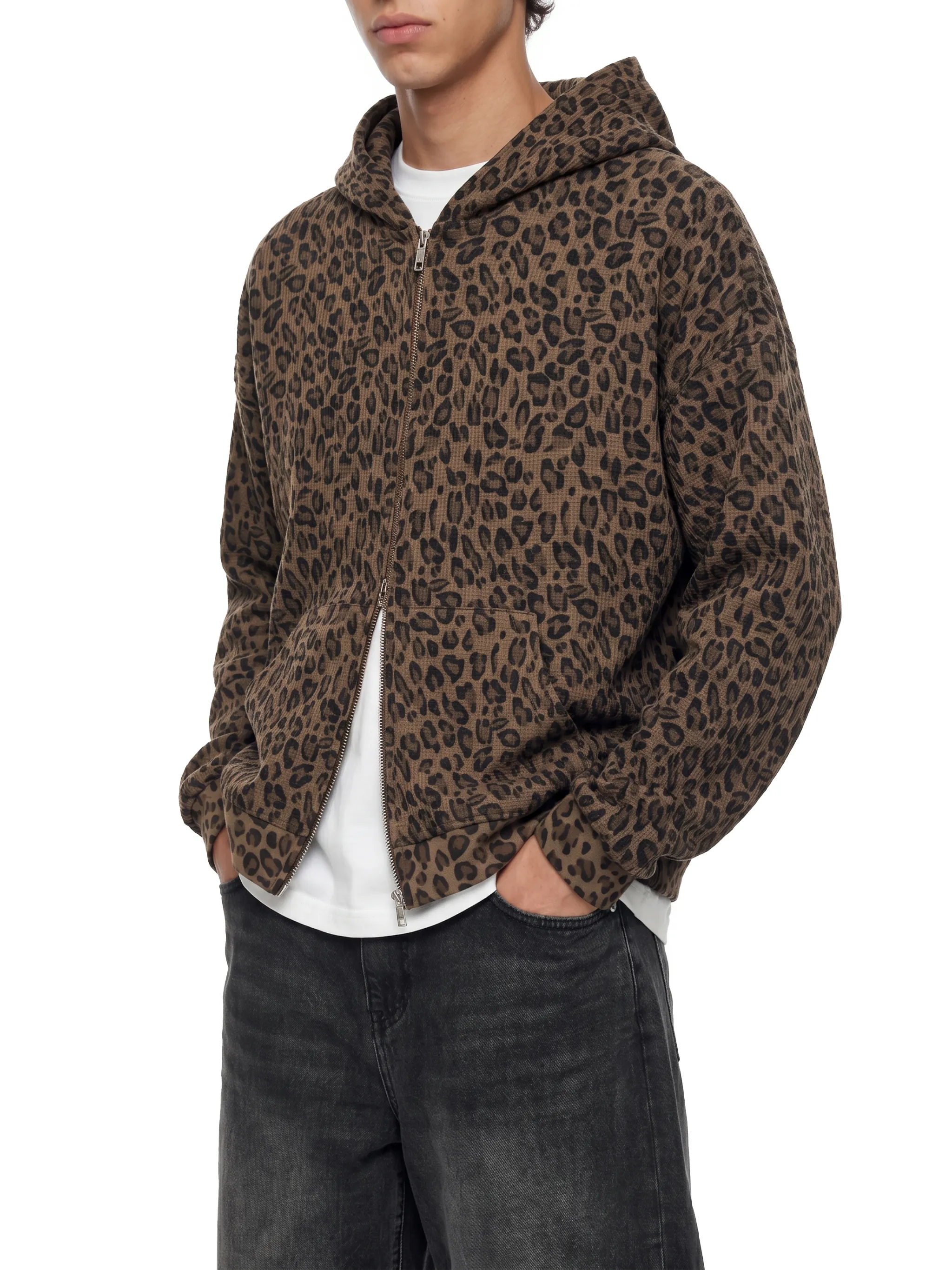 Unisex Leopard Print Waffle Full Zip Hoodie