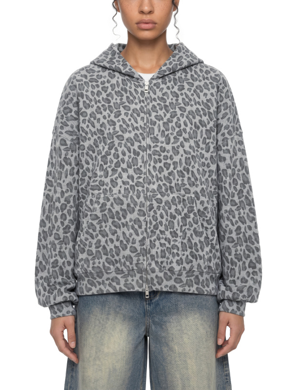 Unisex Leopard Print Waffle Full Zip Hoodie