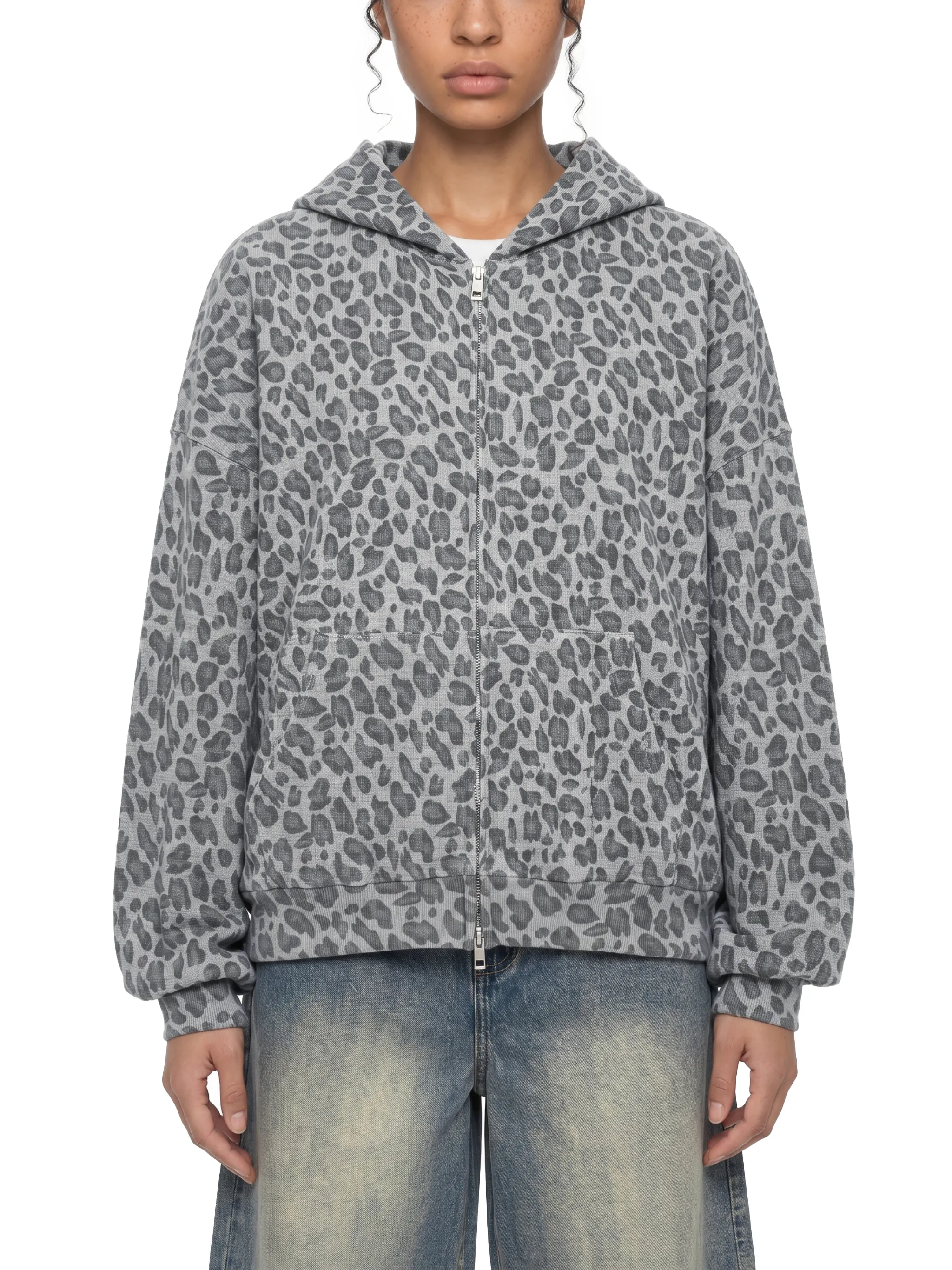 Unisex Leopard Print Waffle Full Zip Hoodie