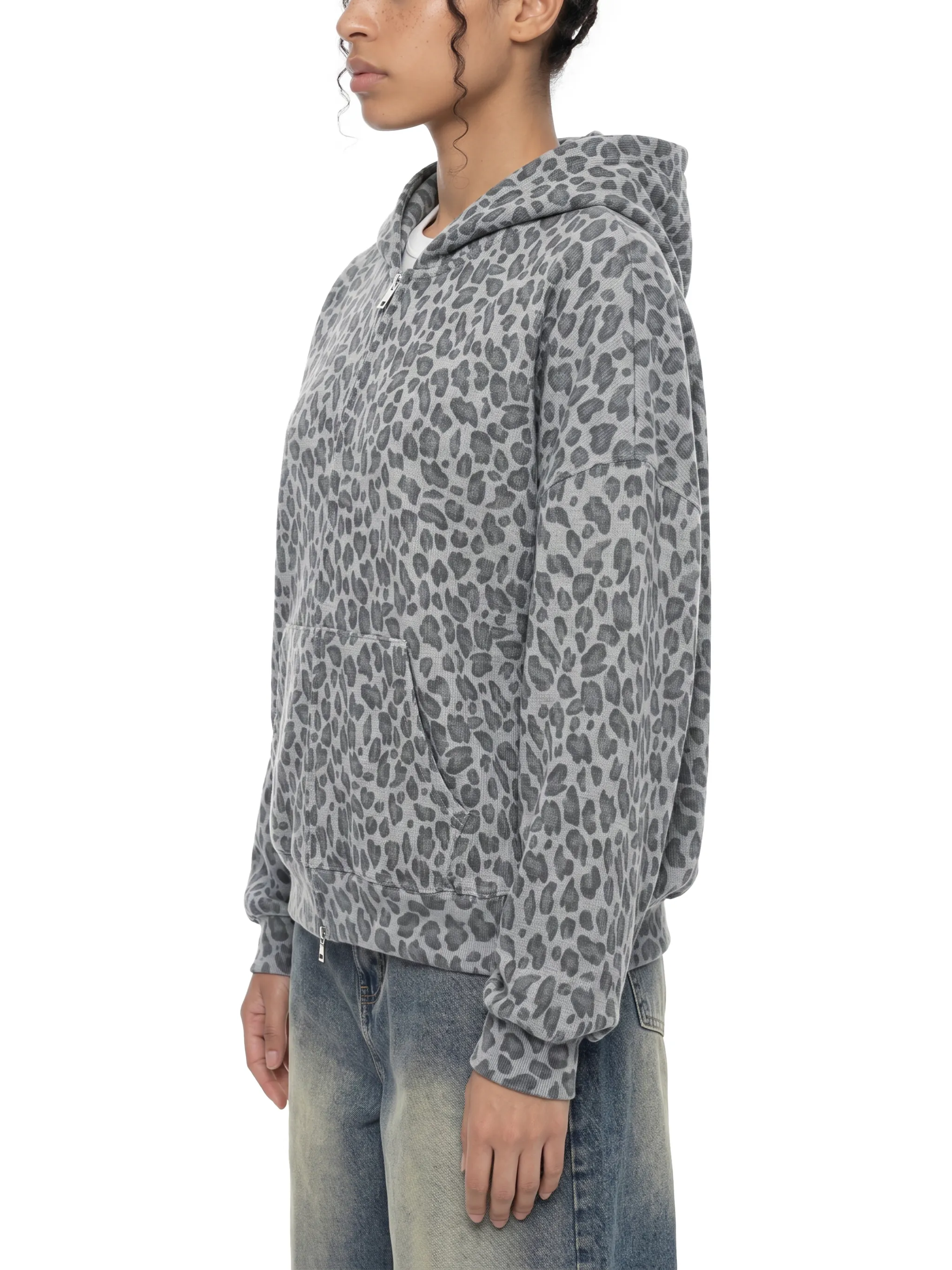 Unisex Leopard Print Waffle Full Zip Hoodie