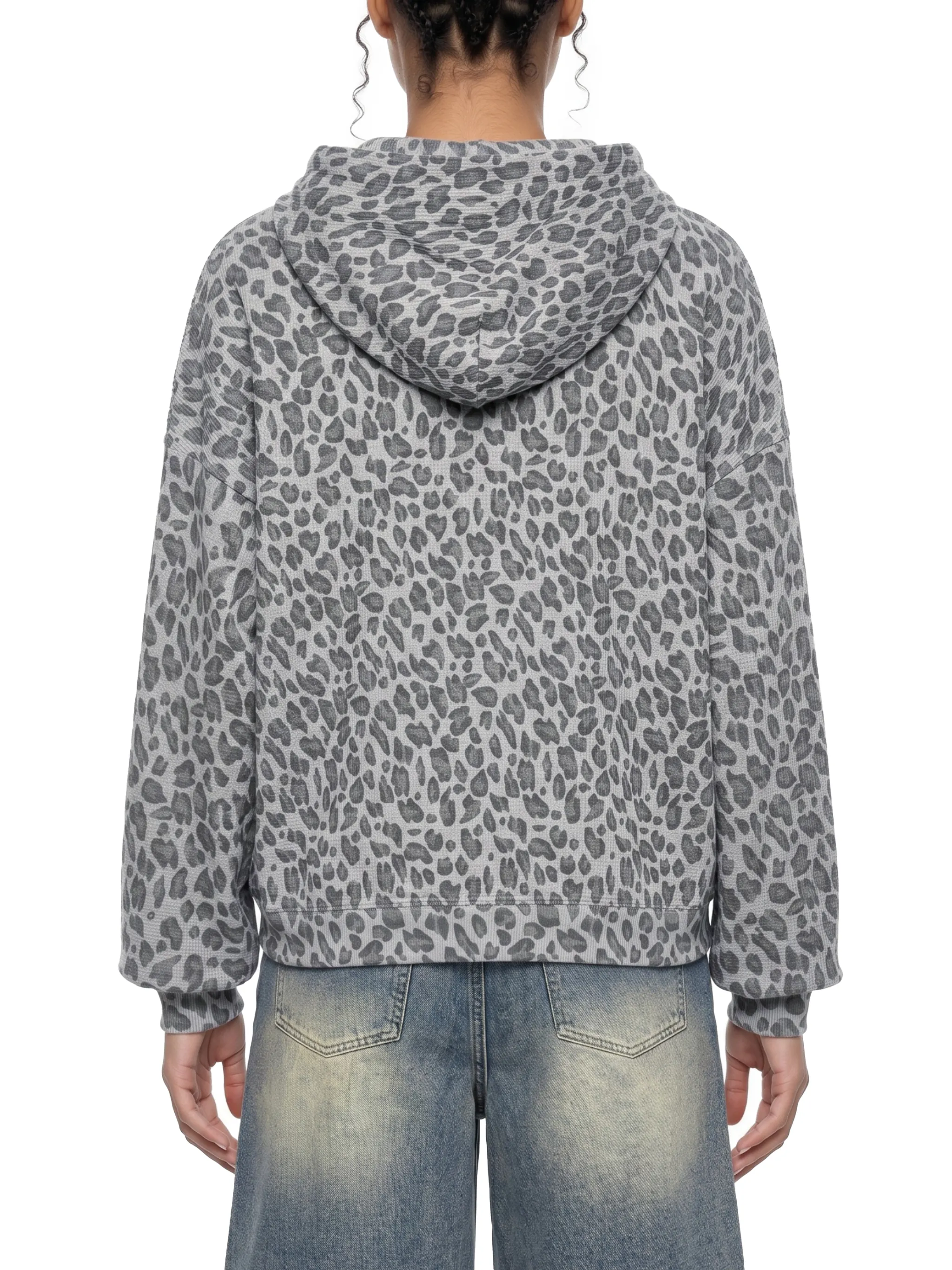 Unisex Leopard Print Waffle Full Zip Hoodie