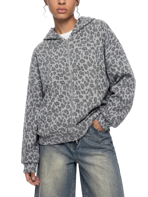 Unisex Leopard Print Waffle Full Zip Hoodie