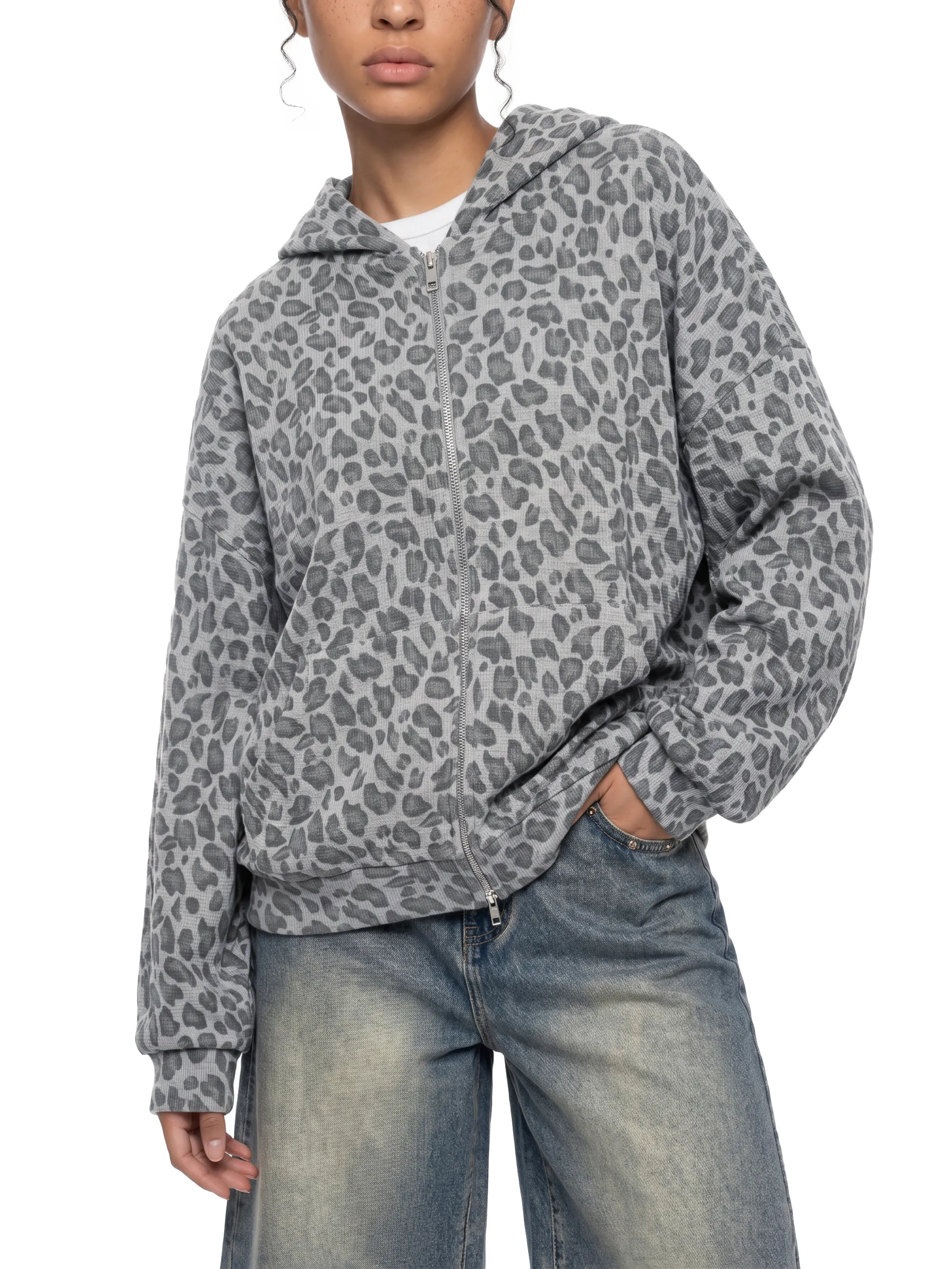 Unisex Leopard Print Waffle Full Zip Hoodie