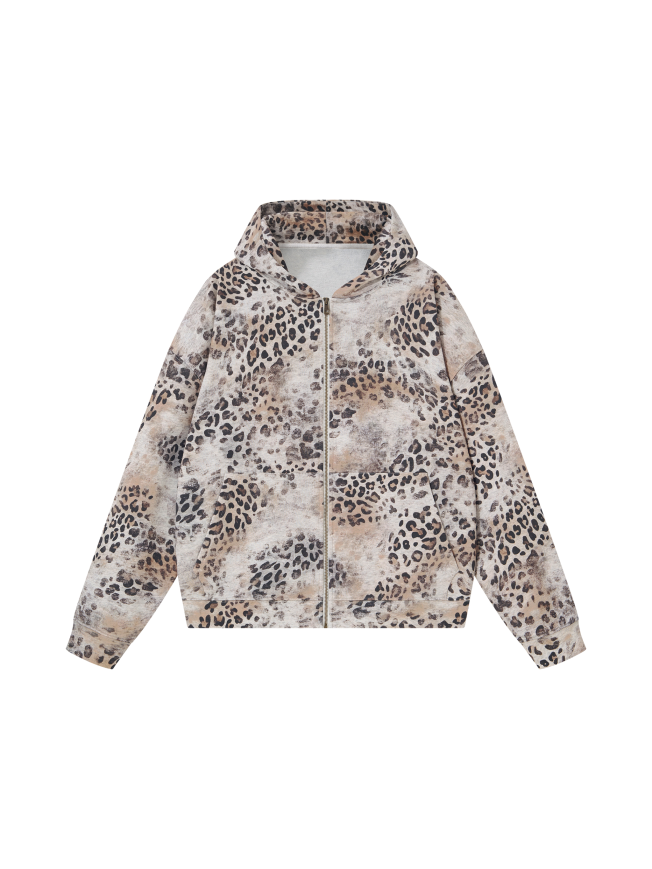 Unisex Vintage Wash Leopard Full Zip Hoodie
