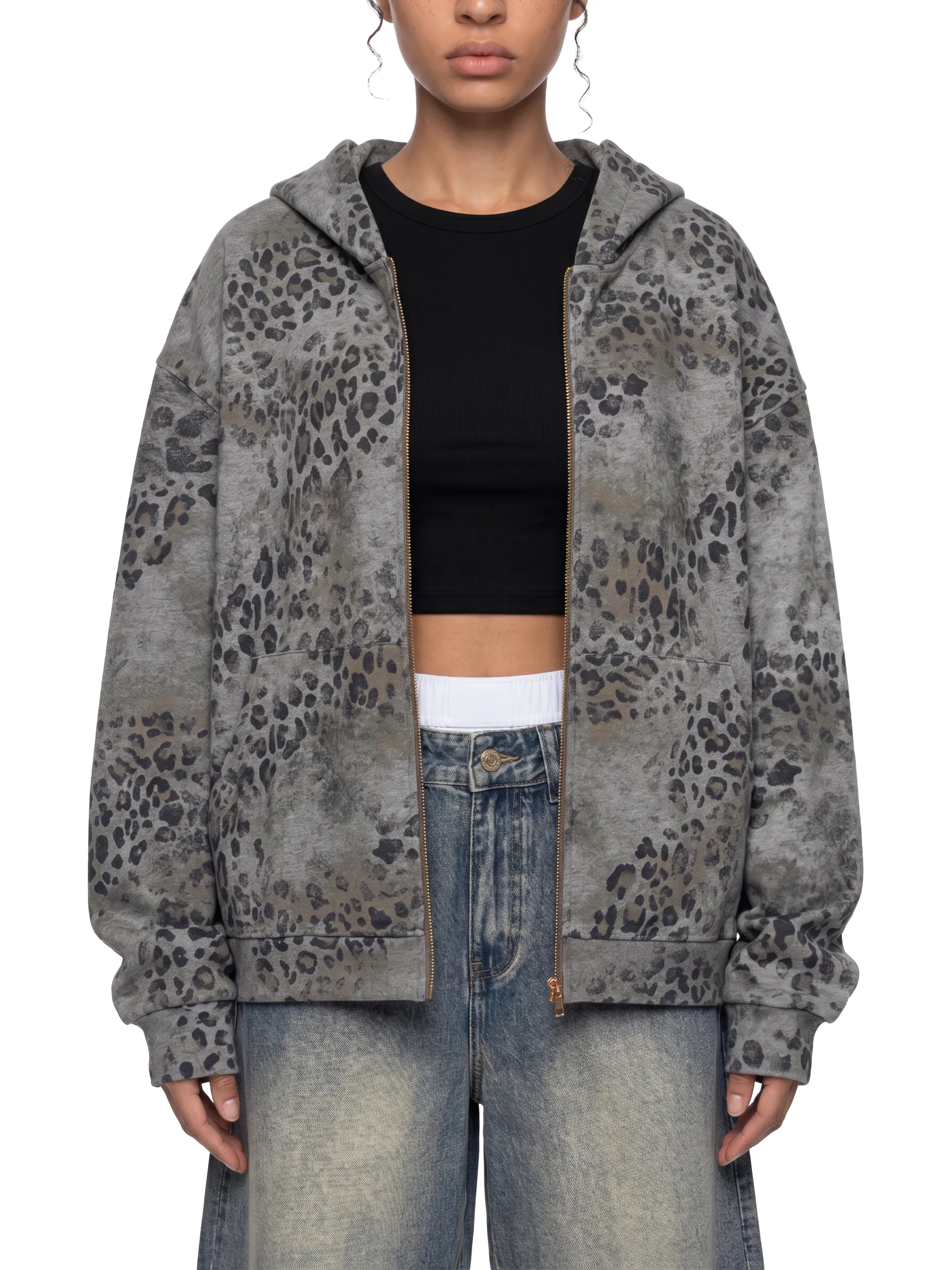 Unisex Vintage Wash Leopard Full Zip Hoodie