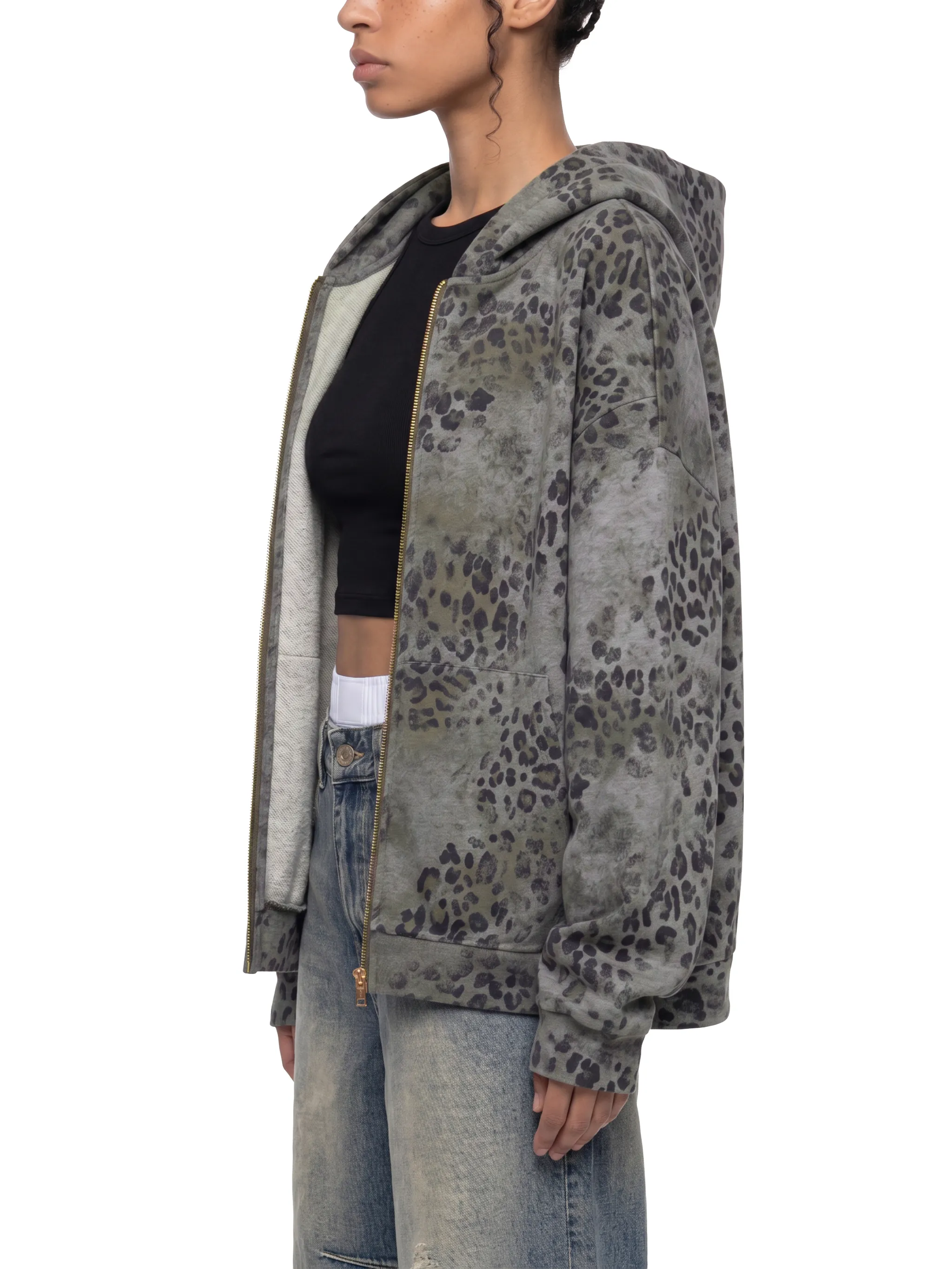 Unisex Vintage Wash Leopard Full Zip Hoodie