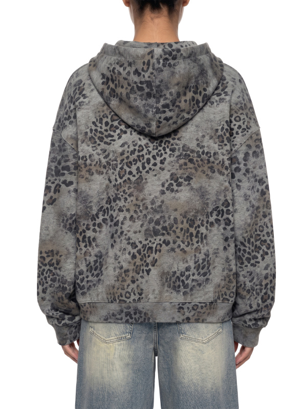 Unisex Vintage Wash Leopard Full Zip Hoodie