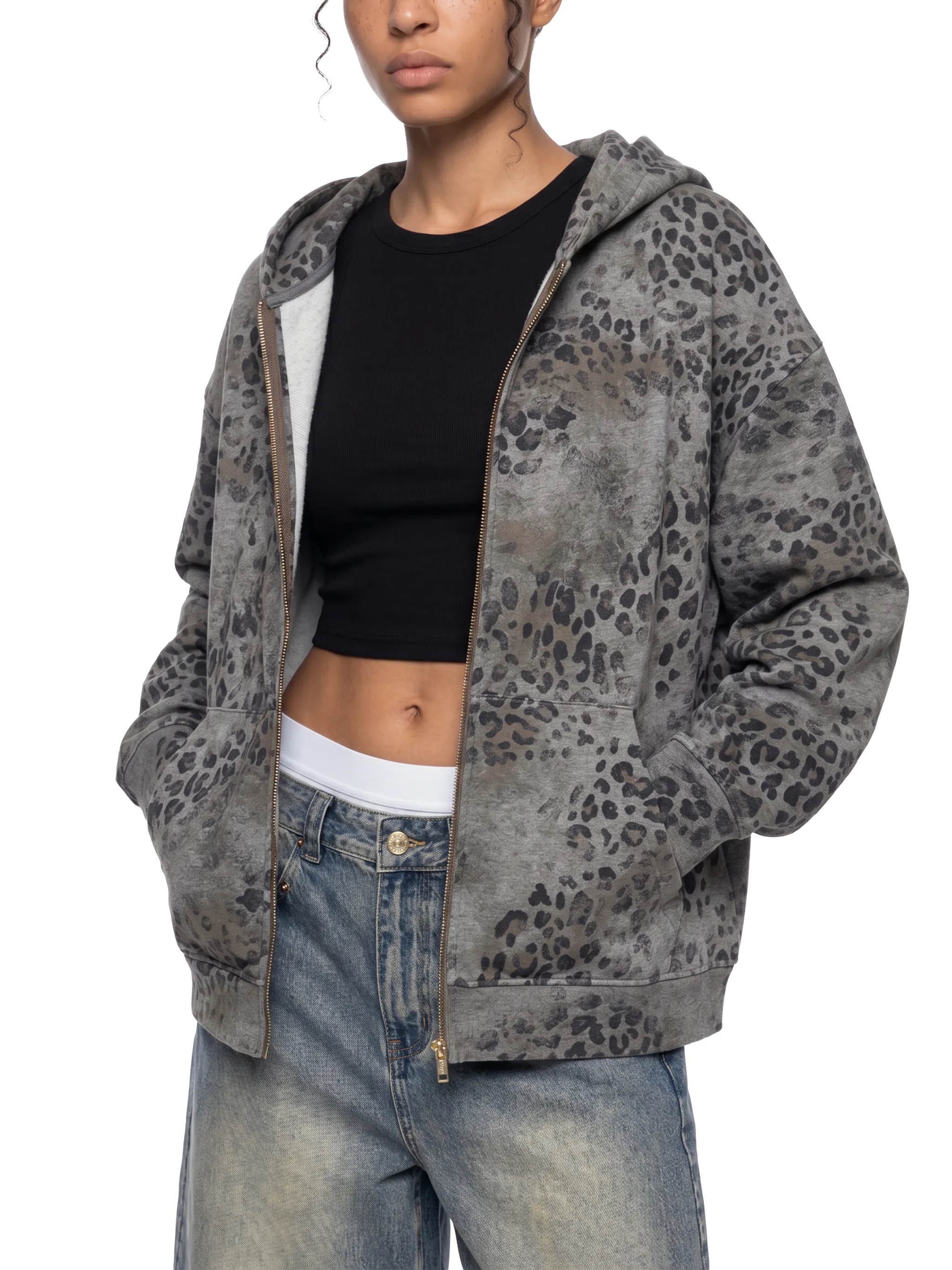 Unisex Vintage Wash Leopard Full Zip Hoodie