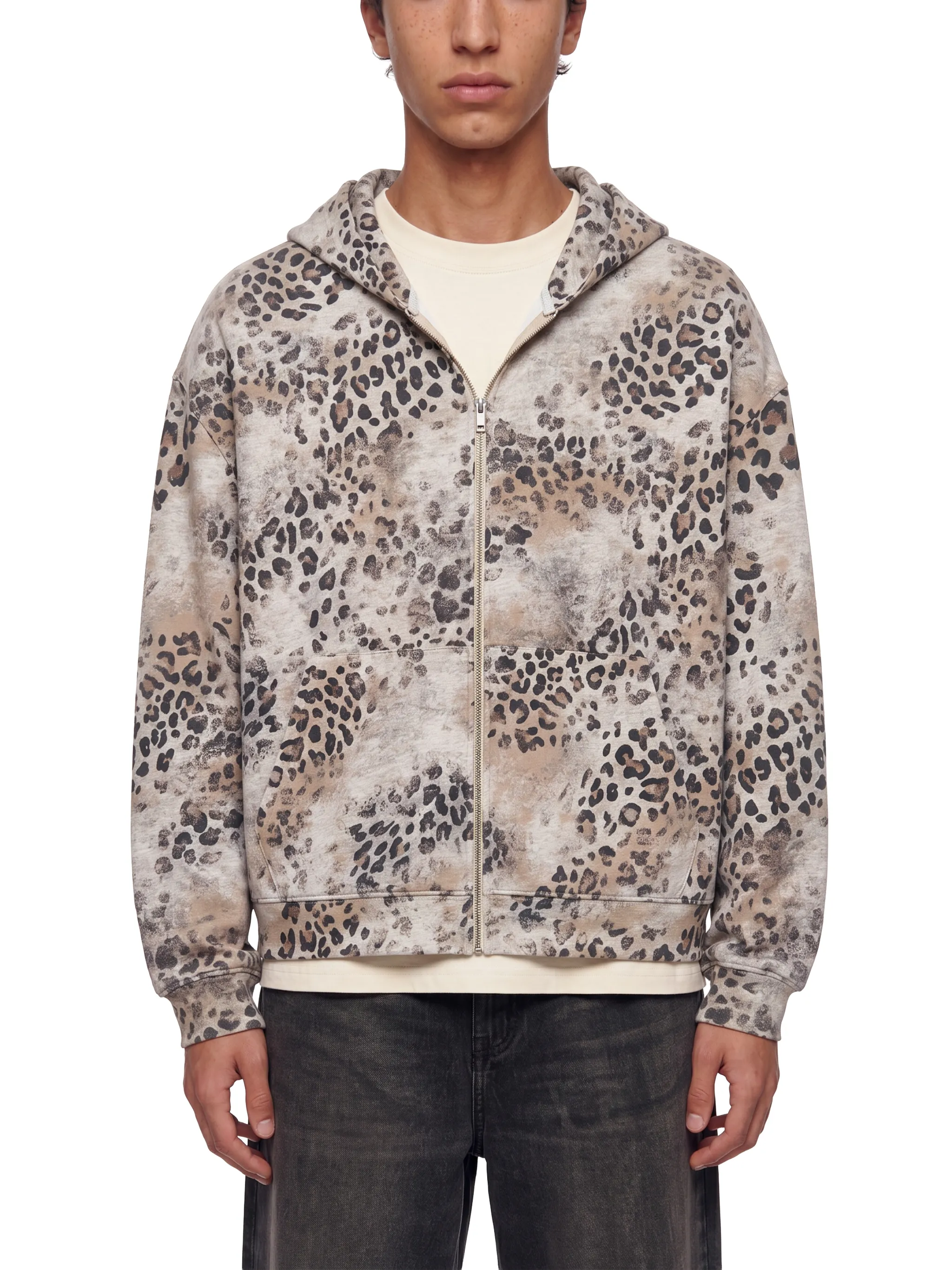 Unisex Vintage Wash Leopard Full Zip Hoodie