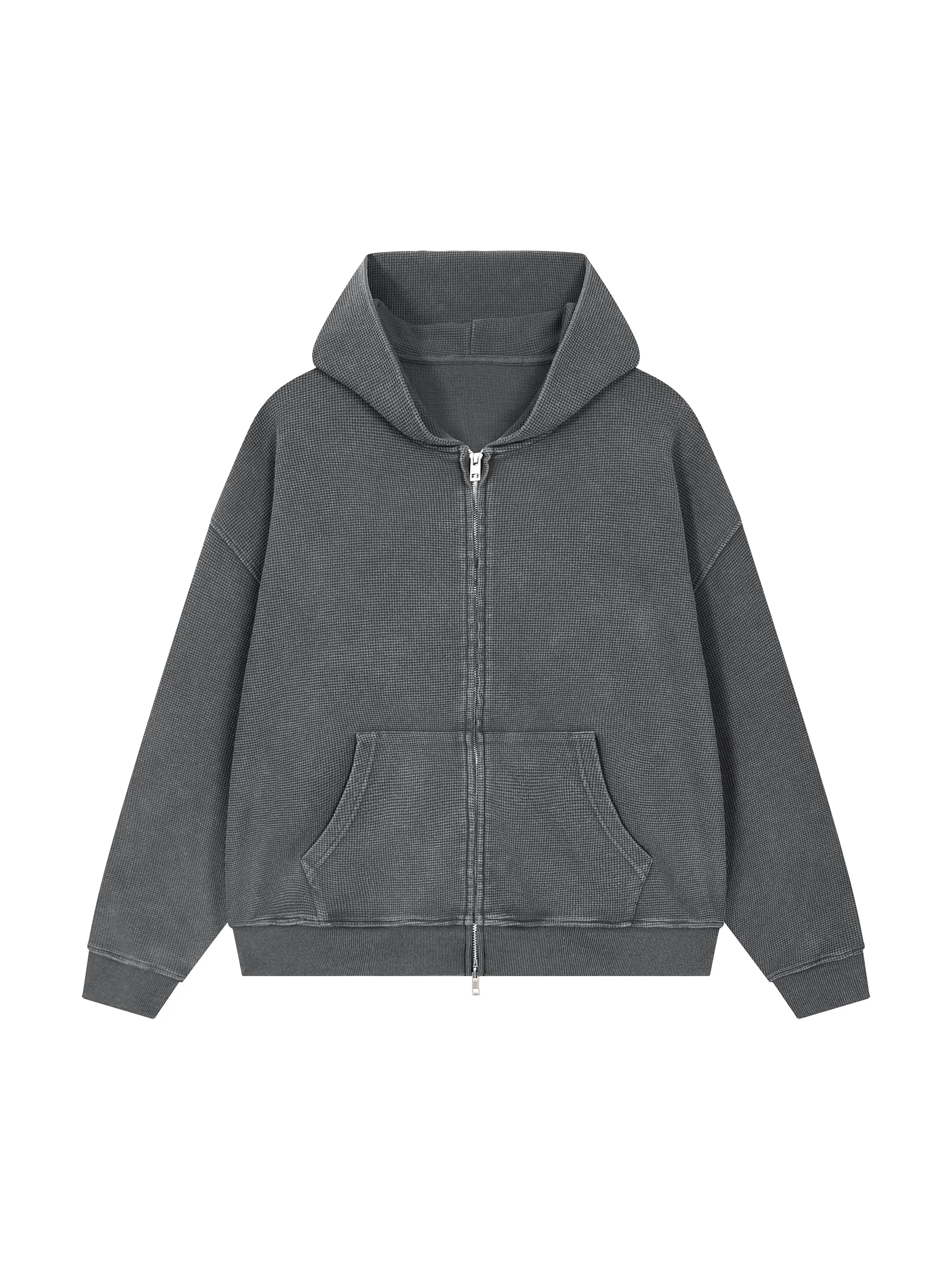 Unisex Vintage Wash Boxy Waffle Full Zip Hoodie