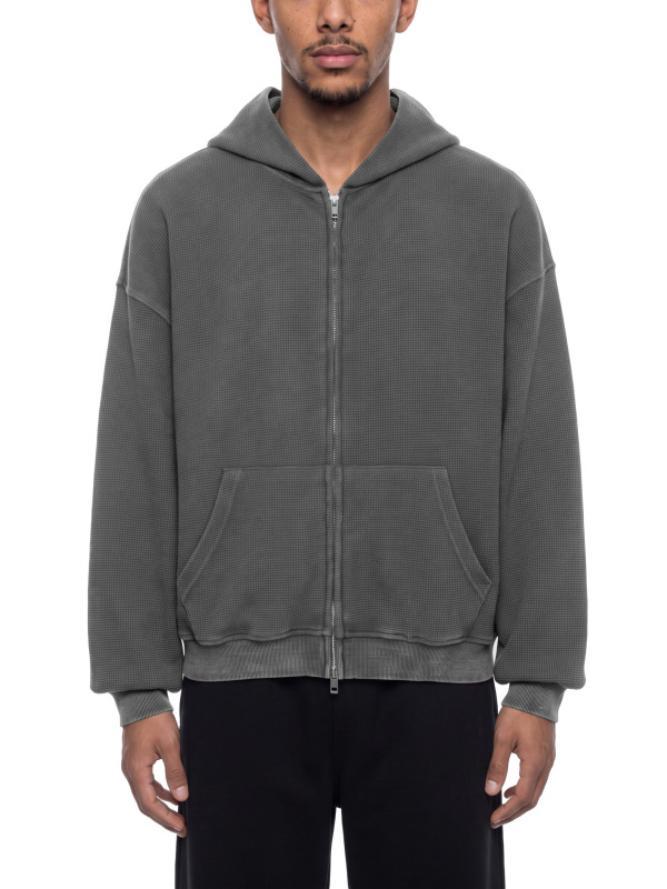 Unisex Vintage Wash Boxy Waffle Full Zip Hoodie