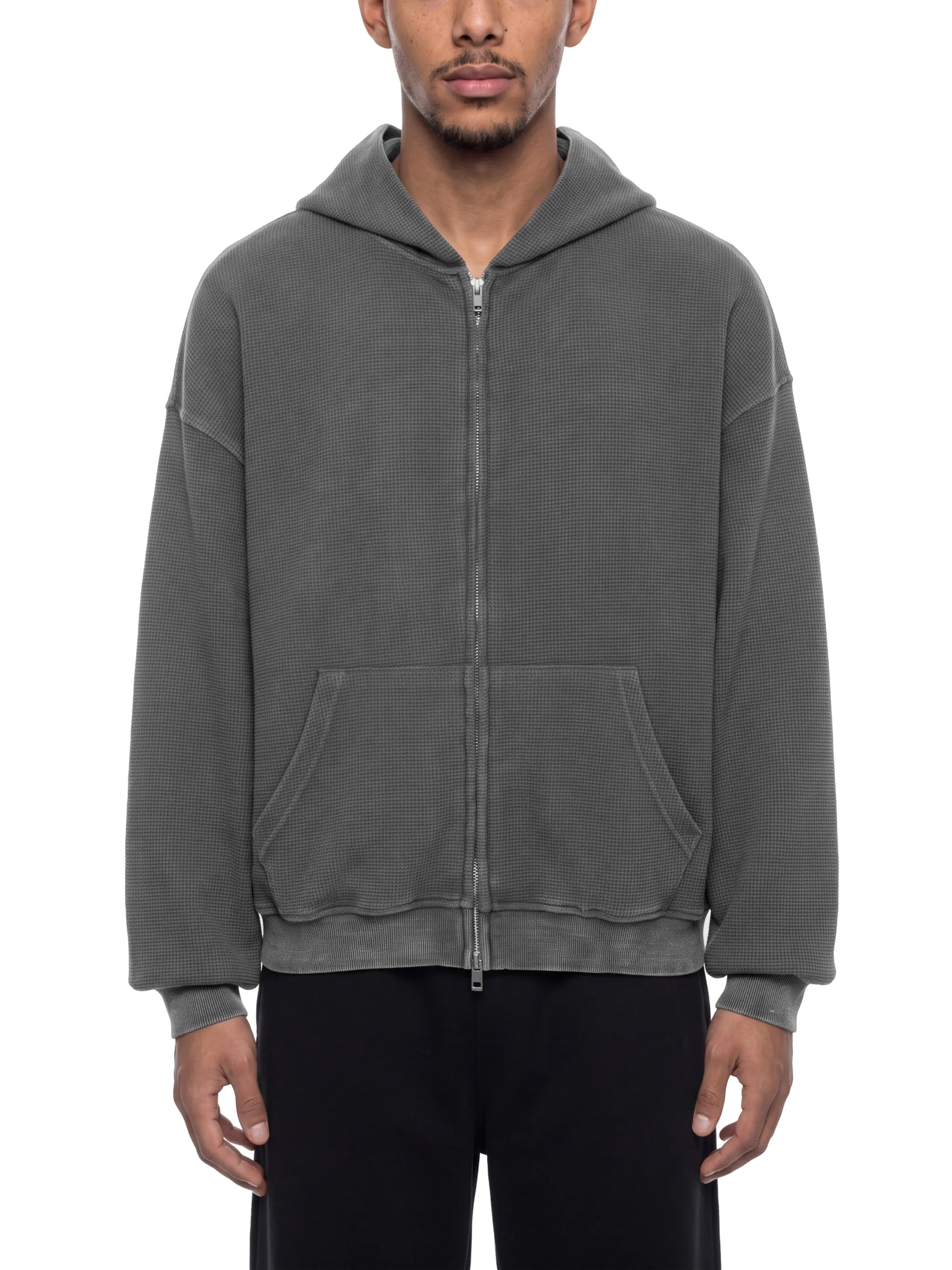 Unisex Vintage Wash Boxy Waffle Full Zip Hoodie