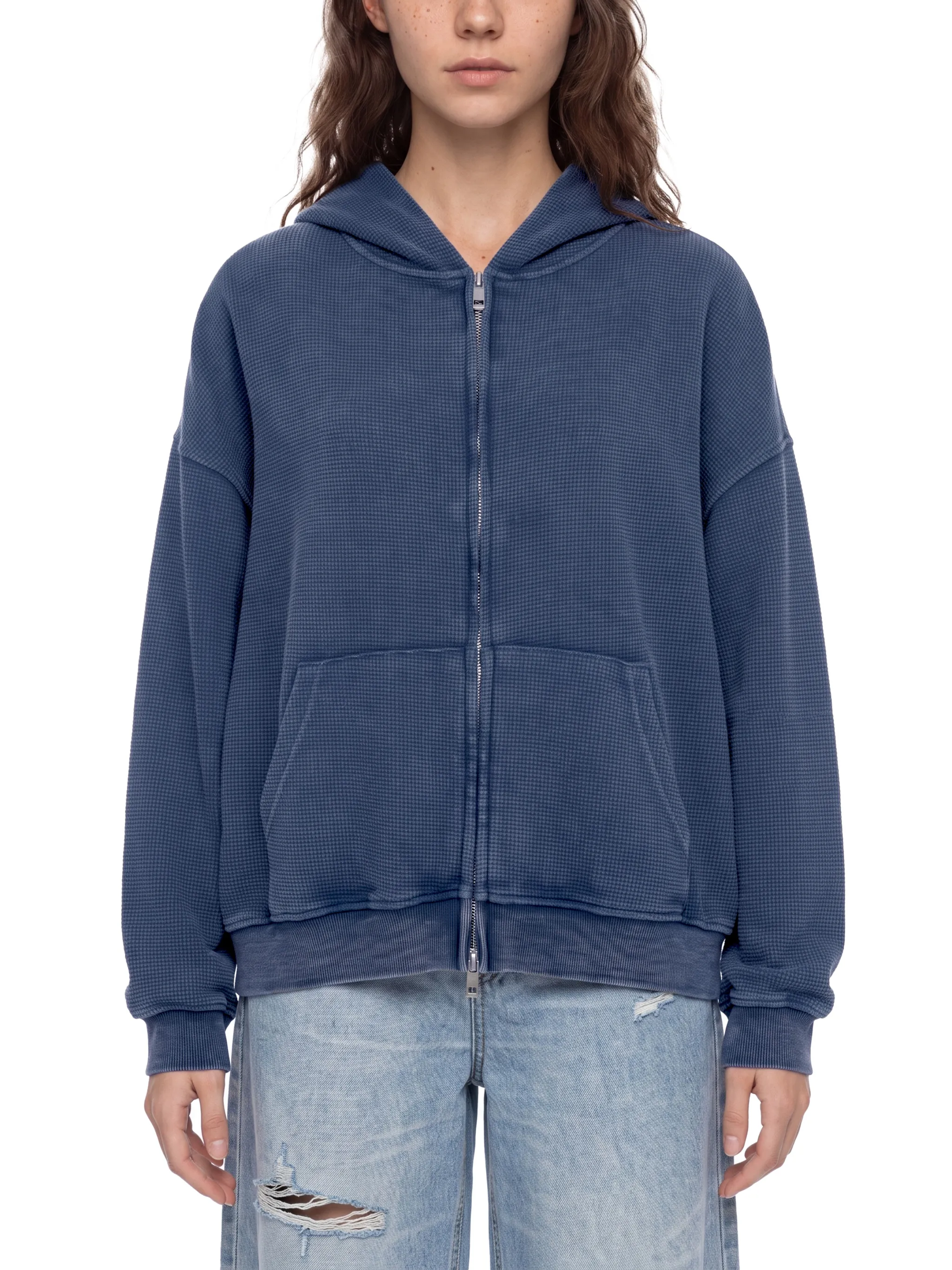 Unisex Vintage Wash Boxy Waffle Full Zip Hoodie