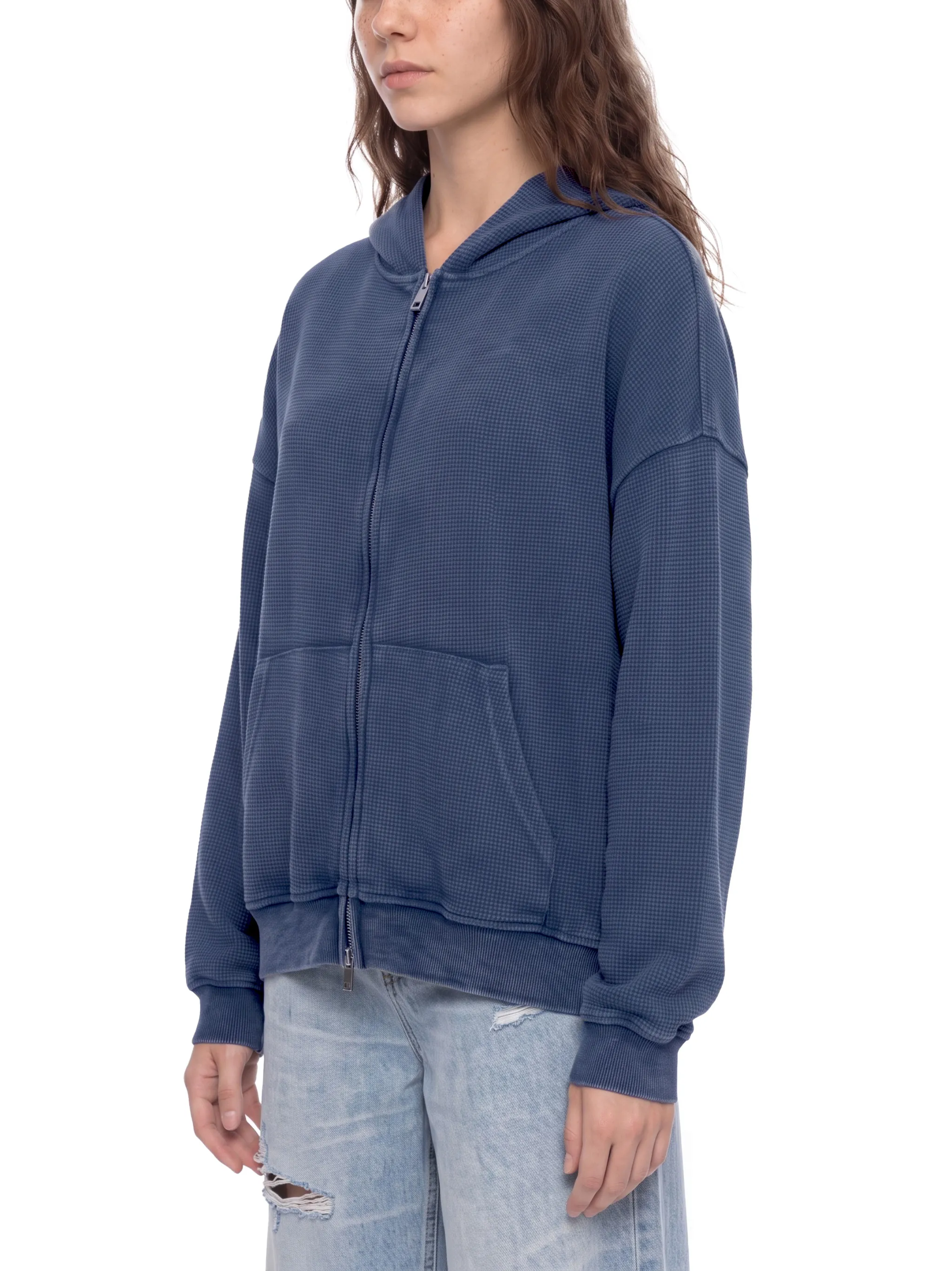 Unisex Vintage Wash Boxy Waffle Full Zip Hoodie