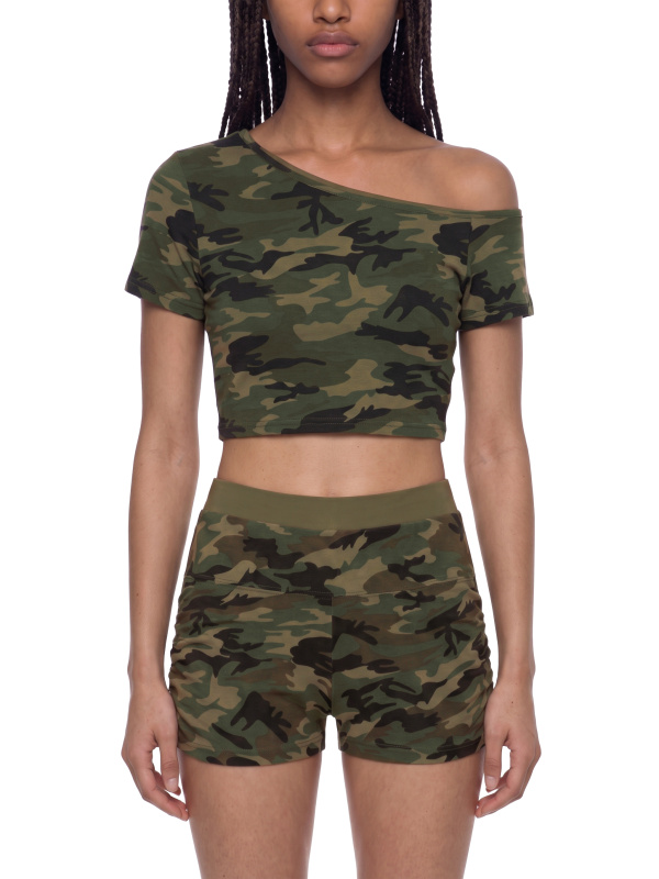 Women's Camo Off-Shoulder Crop T-Shirt