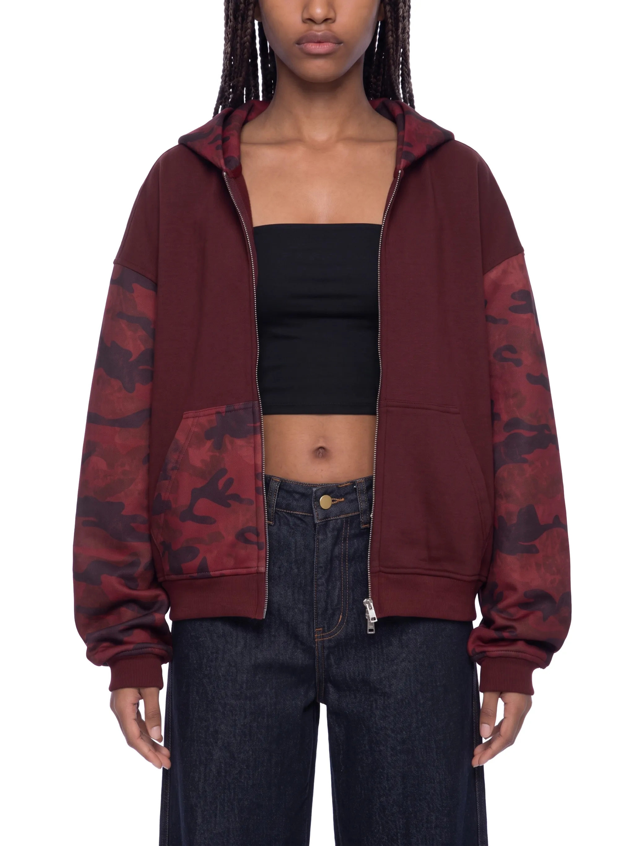 Unisex Colorblock Camo Full Zip Boxy Hoodie
