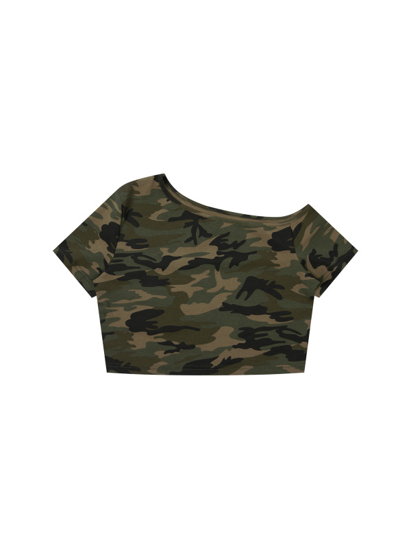 Women's Camo Off-Shoulder Crop T-Shirt