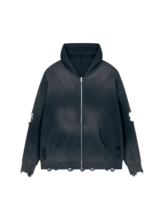 Unisex Distressed Full Zip Sweater
