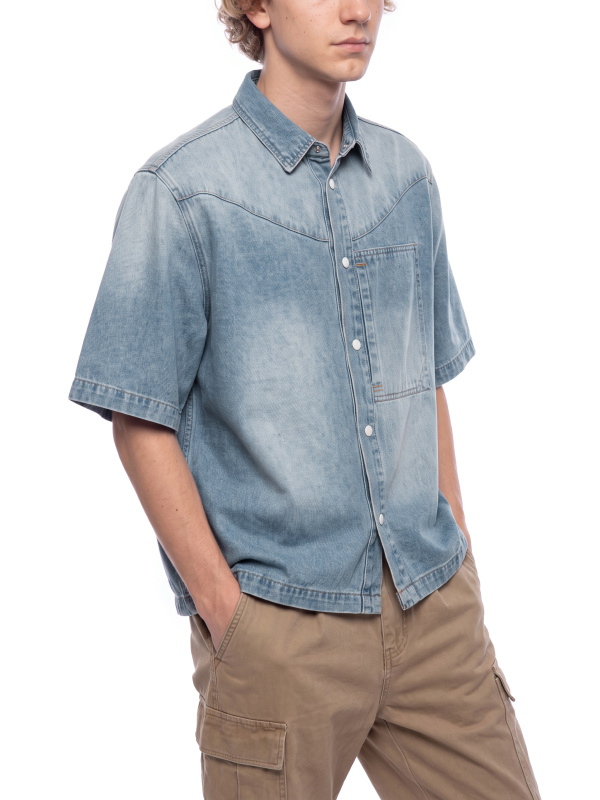 Unisex Vintage Wash Boxy Short Denim Shirt