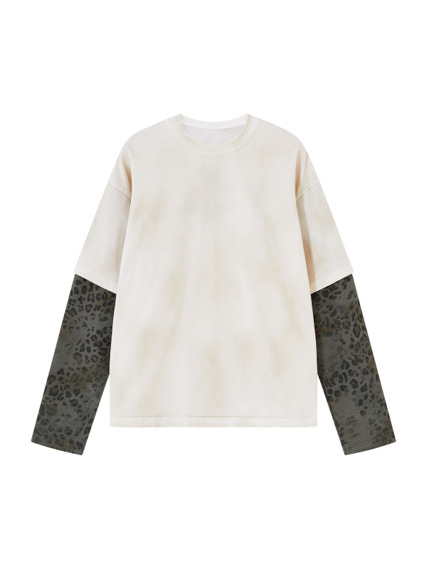 Unisex Vintage Wash Leopard Paneled Layer T-Shirt