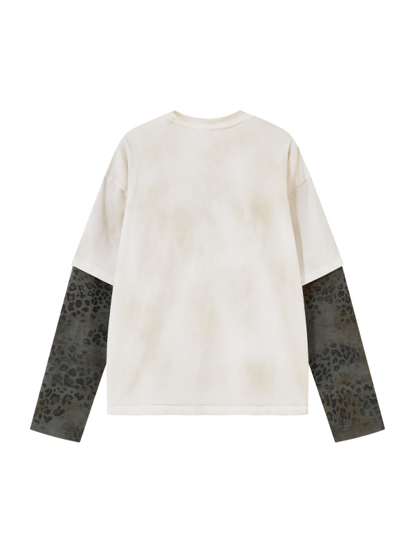 Unisex Vintage Wash Leopard Paneled Layer T-Shirt