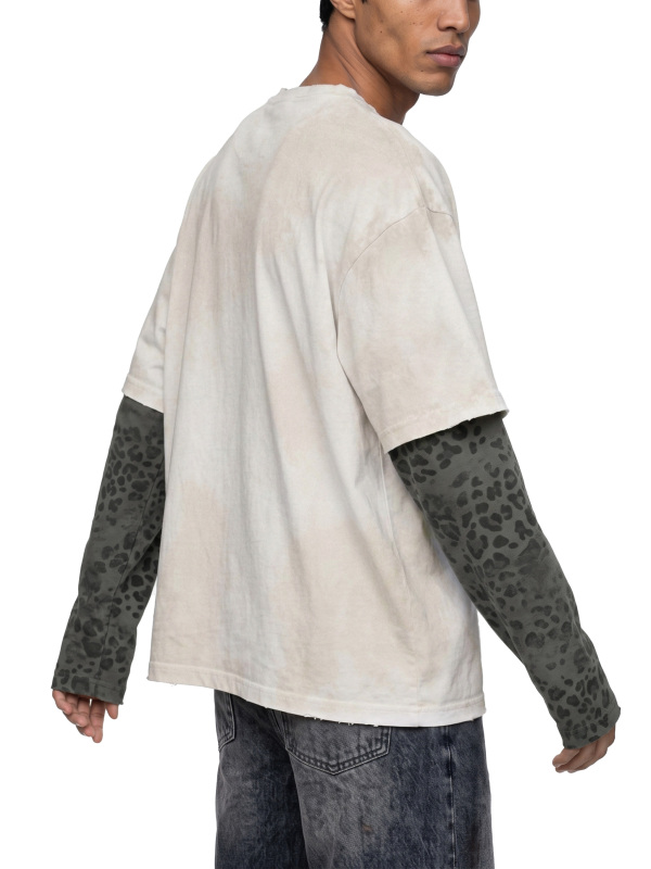 Unisex Vintage Wash Leopard Paneled Layer T-Shirt