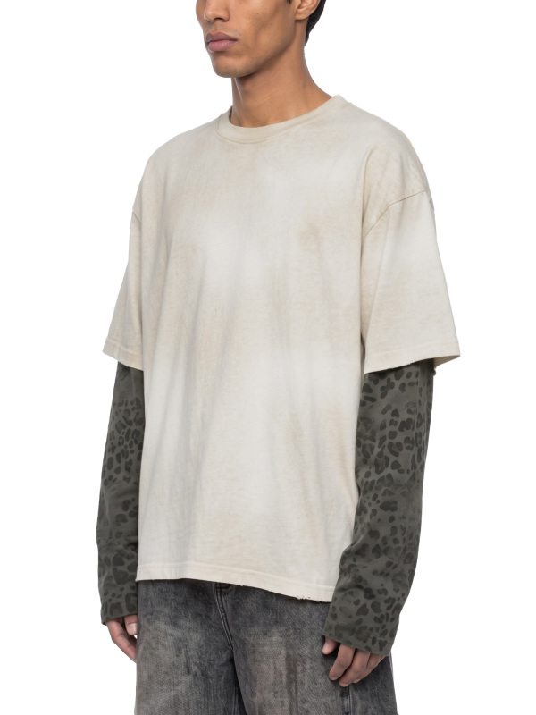 Unisex Vintage Wash Leopard Paneled Layer T-Shirt