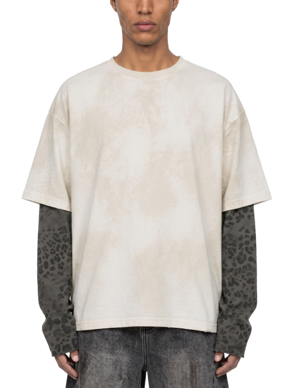 Unisex Vintage Wash Leopard Paneled Layer T-Shirt