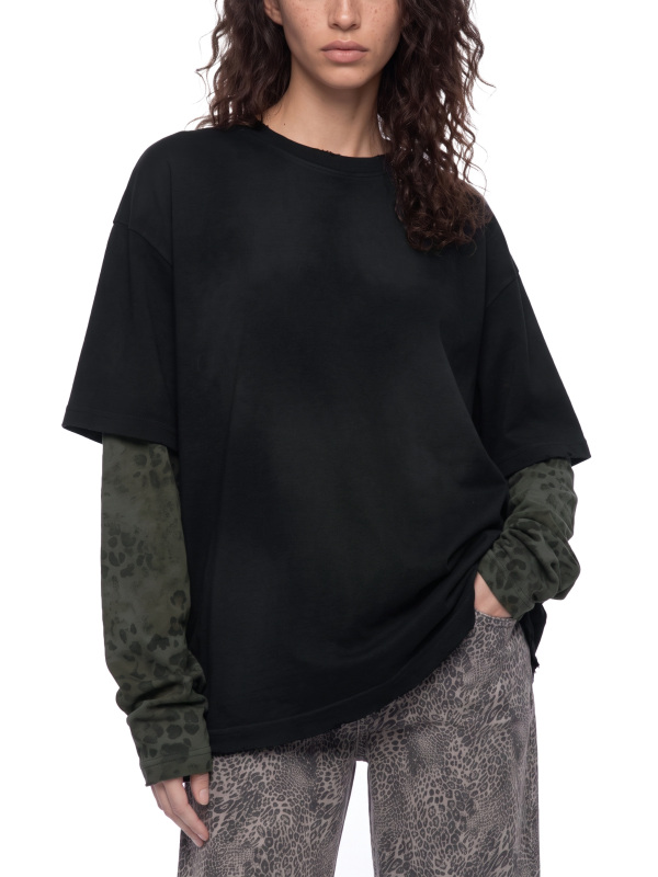 Unisex Vintage Wash Leopard Paneled Layer T-Shirt