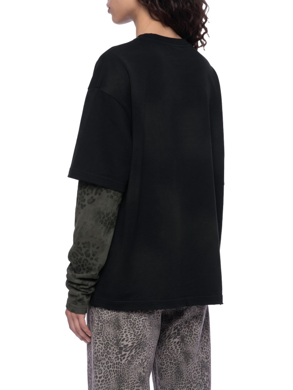 Unisex Vintage Wash Leopard Paneled Layer T-Shirt