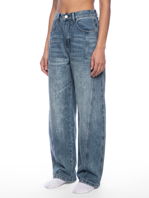 Unisex Vintage Wash Barrel Leg Denim Jeans