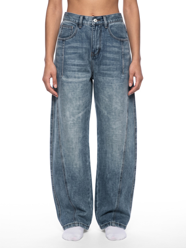 Unisex Vintage Wash Barrel Leg Denim Jeans