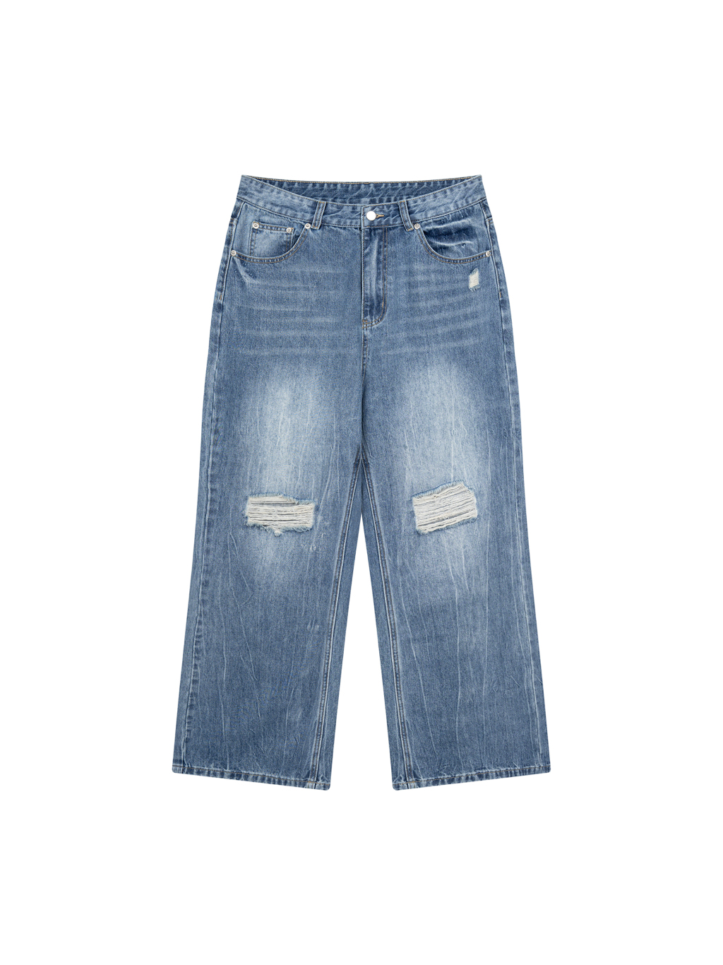 Men's Distressed Straight Leg Denim Jeans - Main Image