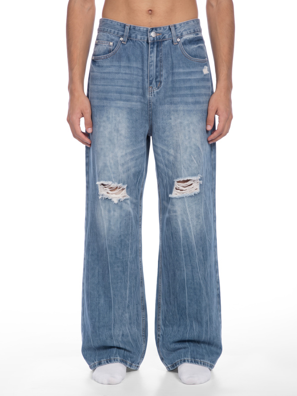 Men's Distressed Straight Leg Denim Jeans